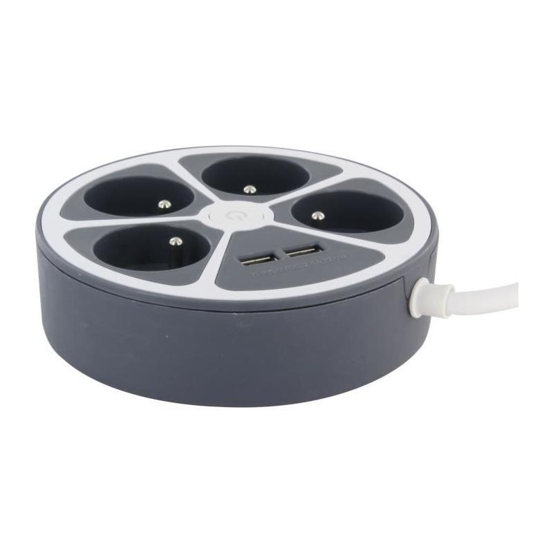 Bloc cercle - CHACON - 4 x16 A + 2 USB-1 - 1,5 m - Gris - Compact et polyvalent