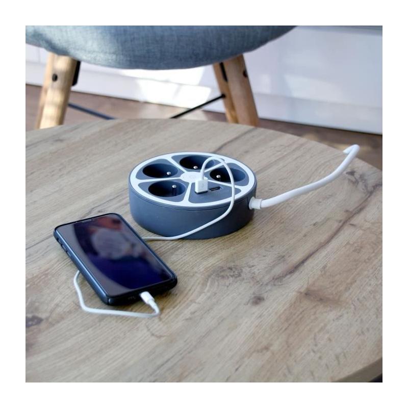 Bloc cercle - CHACON - 4 x16 A + 2 USB-1 - 1,5 m - Gris - Compact et polyvalent