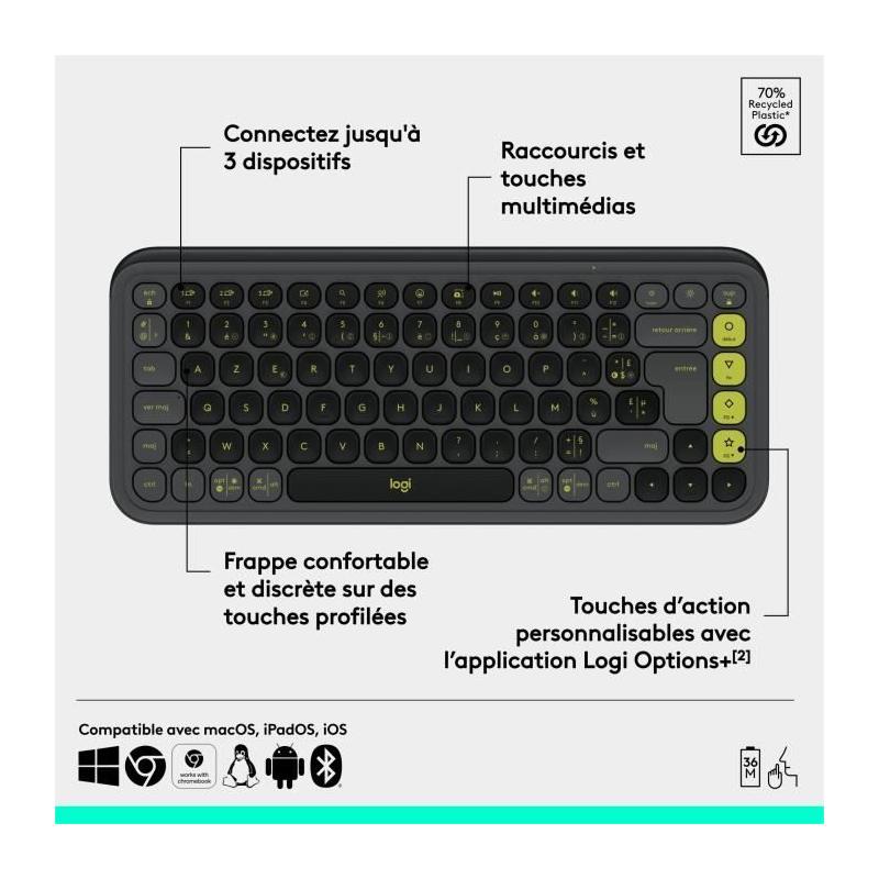 Clavier Logitech Sans Fil Pop Icon Keys AZERTY Graphite