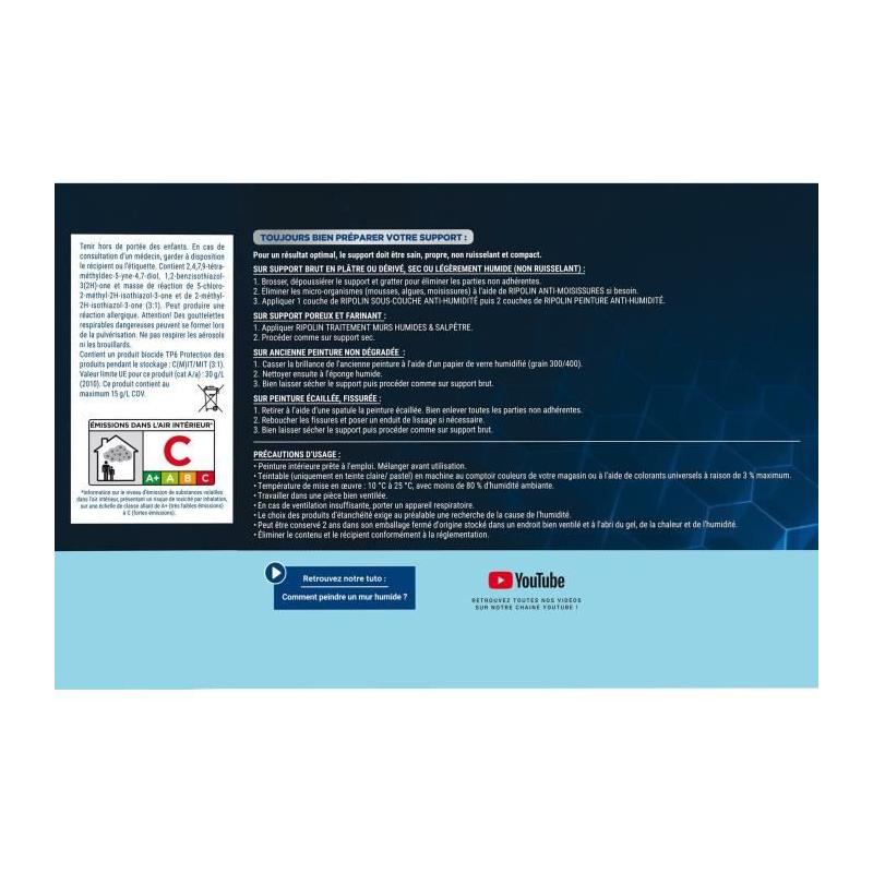 Peinture étanchéité anti-humidité satin blanc 2,5L Ripolin - Protégez votre intérieur efficacement