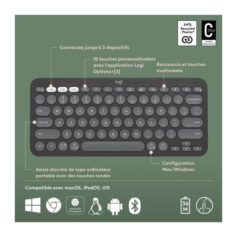 Clavier Logitech Pebble Keys 2 K380s - Bouton Easy-switch - Noir