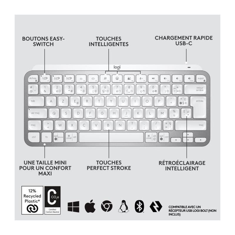 Clavier Logitech MX Keys Mini - Sans fil - Rétroéclairé - Gris clair