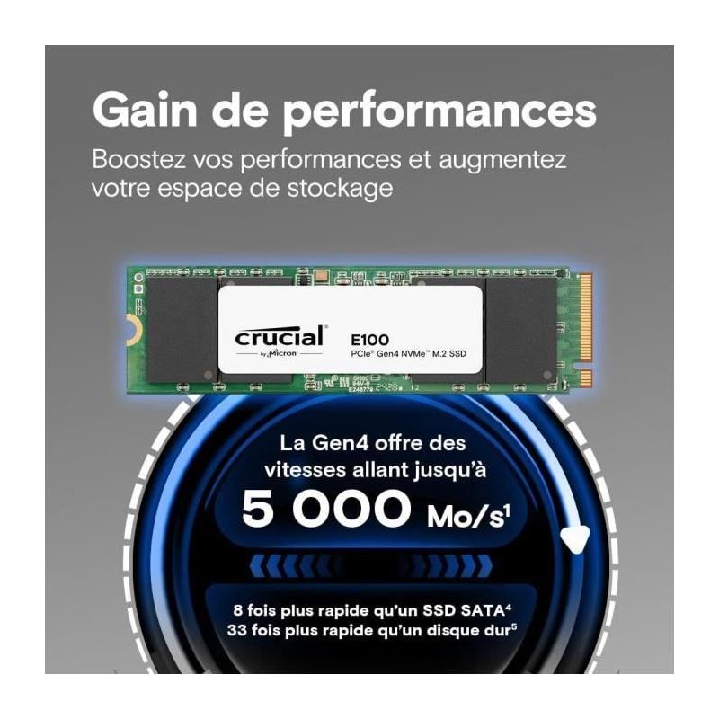 SSD interne CRUCIAL E100 480Go PCIe Gen4 NVMe M.2 - Vitesse jusqu'à 470 Mo/s