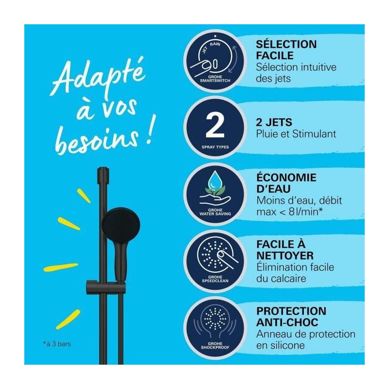 Ensemble de douche GROHE Vitalio Start 110 - Noir et économie d'eau