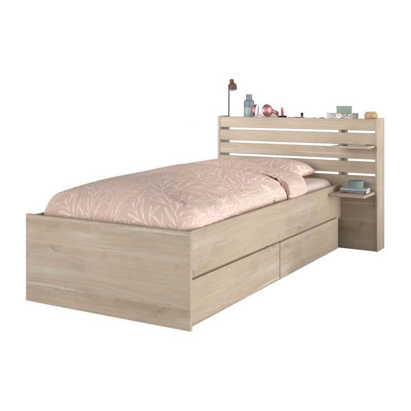 Lit enfant ESCALE 90x190/200 cm - Chene - Tete de lit + 2 tiroirs