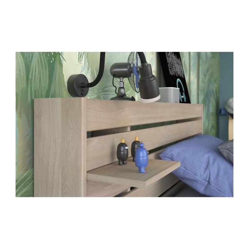 Lit enfant ESCALE 90x190/200 cm - Chene - Tete de lit + 2 tiroirs