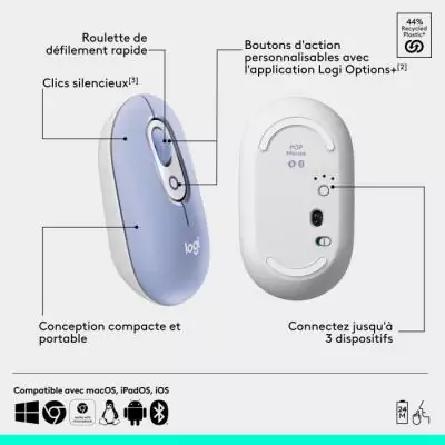 Souris sans fil Logitech Pop Mouse - Lilas - Compacte et colorée