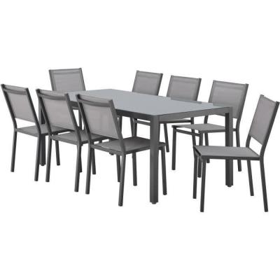 Ensemble repas de jardin : Table 180cm + 8 chaises - Aluminium & verre trempé - Gris