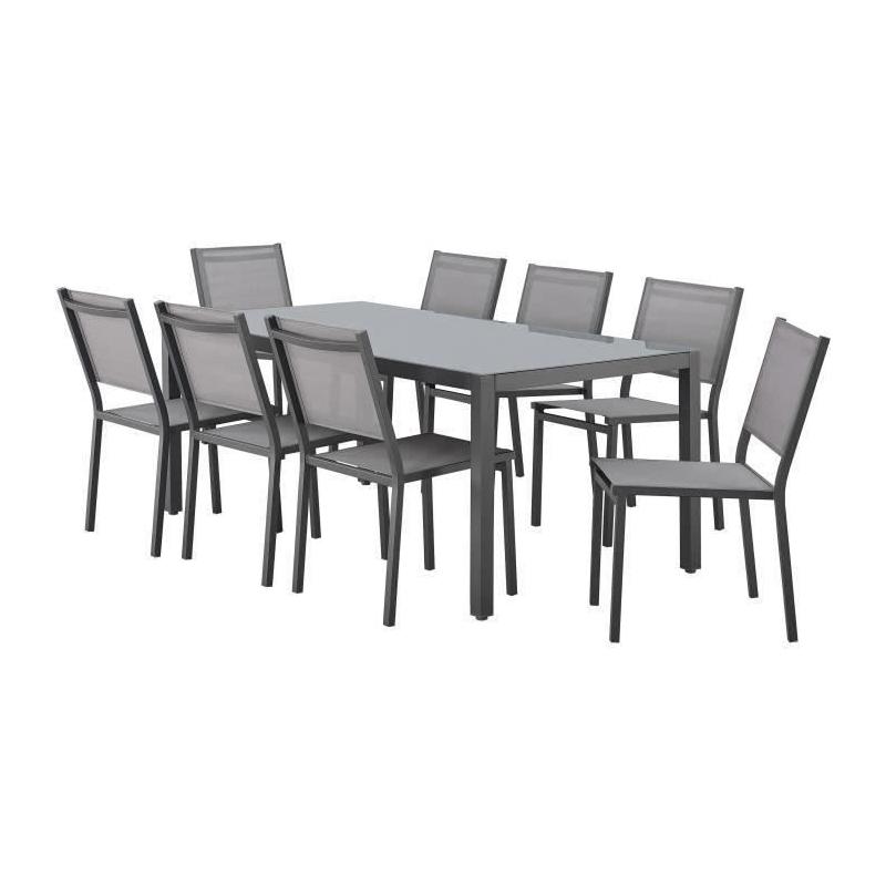 Ensemble repas de jardin : Table 180cm + 8 chaises - Aluminium & verre trempé - Gris