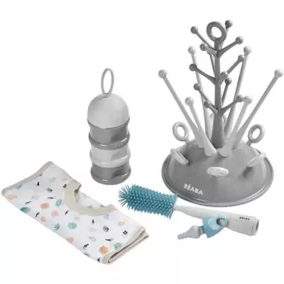 Ensemble repas BEABA: Egoutte biberon arbre + Boite doseuses + Goupillon silicone + Bavoir tropic
