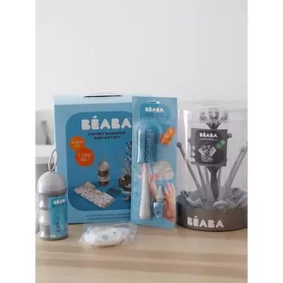 Ensemble repas BEABA: Egoutte biberon arbre + Boite doseuses + Goupillon silicone + Bavoir tropic