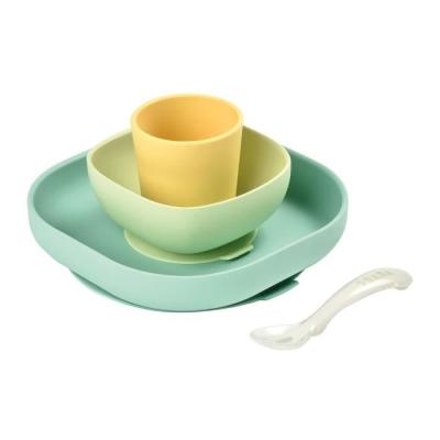 Ensemble repas bébé BEABA silicone jaune, 4 pièces