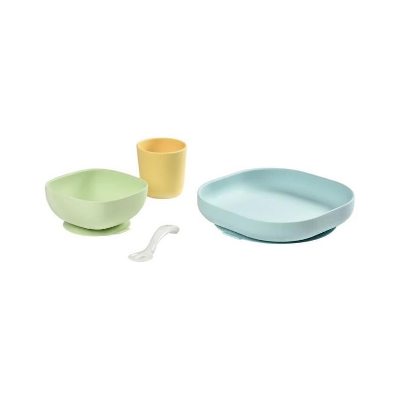 Ensemble repas bébé BEABA silicone jaune, 4 pièces