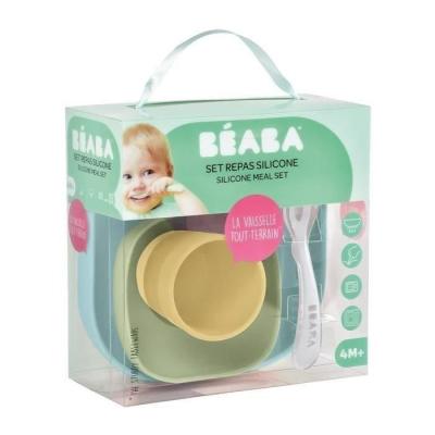 Ensemble repas bébé BEABA silicone jaune, 4 pièces