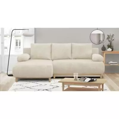 Canapé d'angle gauche convertible MIKA 3 places en velours côtelé beige