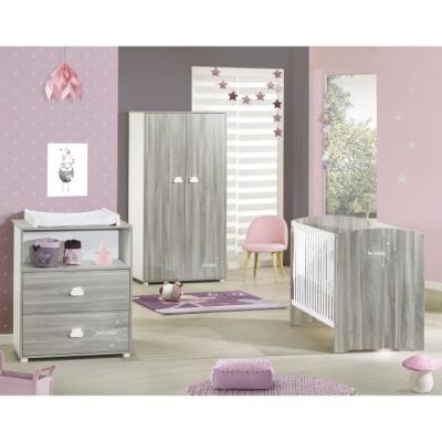 Chambre bébé complète - Lit 120x60, commode à langer et armoire - BABY PRICE - SMILE - Chêne silex