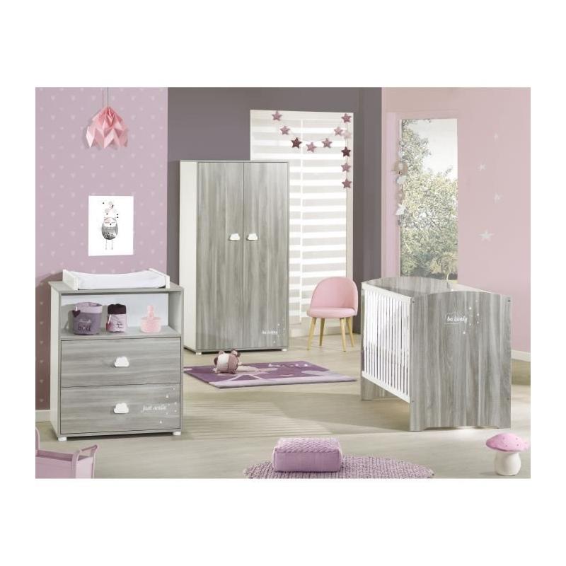 Chambre bébé complète - Lit 120x60, commode à langer et armoire - BABY PRICE - SMILE - Chêne silex