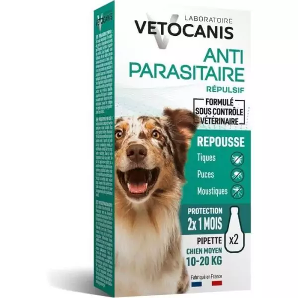 VETOCANIS 2 Pipettes anti-puces et anti-tiques - Pour chien 10-20 kg - 2x 1 mois de protection