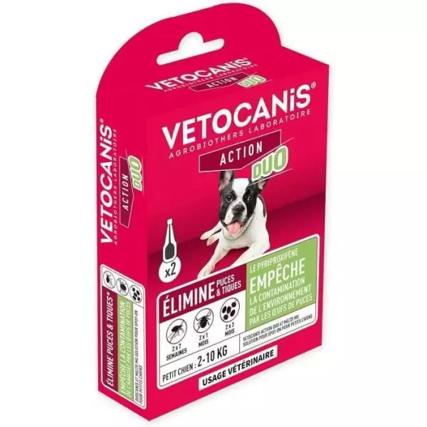 VETOCANIS Duo Spot on, Anti-puces et Anti-tiques pour petit chien, 2 pipettes