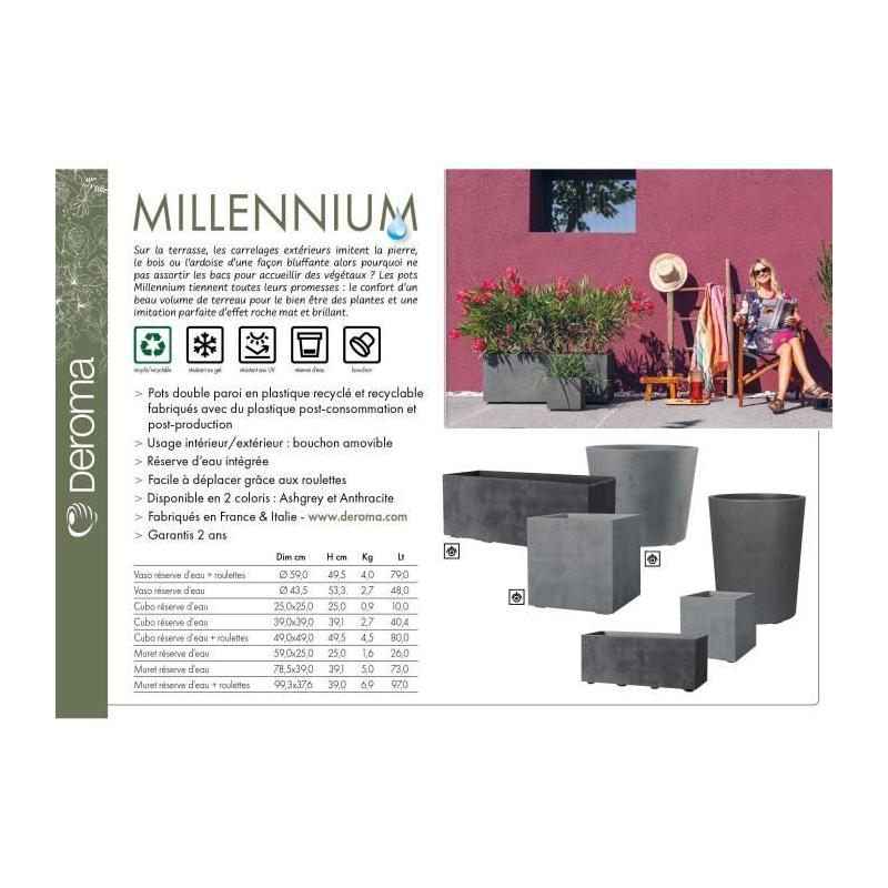Pot de fleur DEROMA Millennium R Ashgrey - Réservoir d'eau - 53 cm