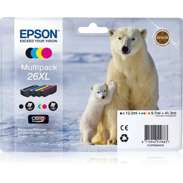 EPSON Multipack T2636 XL - Ours Polaire - Noir, Cyan, Jaune, Magenta (C13T26364010)