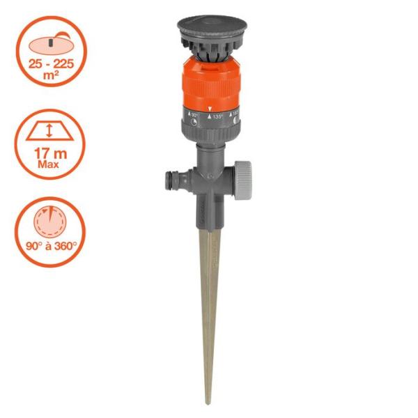 GARDENA Arroseur circulaire Vario Comfort – Surface 225m² max – Portée 8.5m max – Crans arrosage 45-360° – Garantie 5