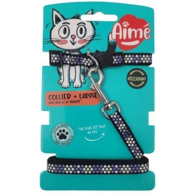 Ensemble collier et laisse réfléchissant violet pour chat - AIMÉ