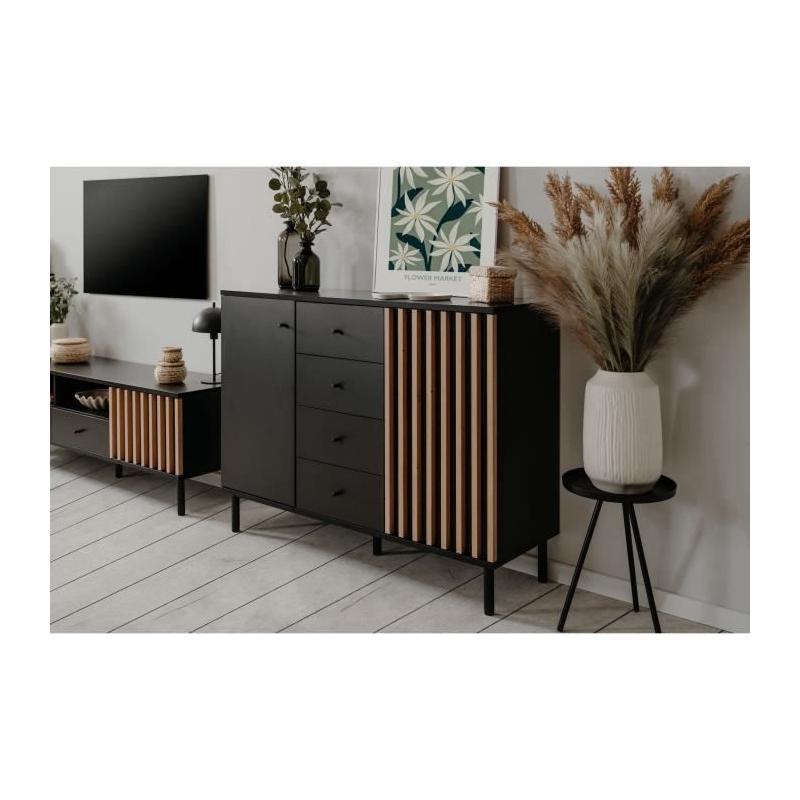 Buffet MONZA 01B Noir/Chene artisan - 2 portes - 4 tiroirs - 118x90x40 cm