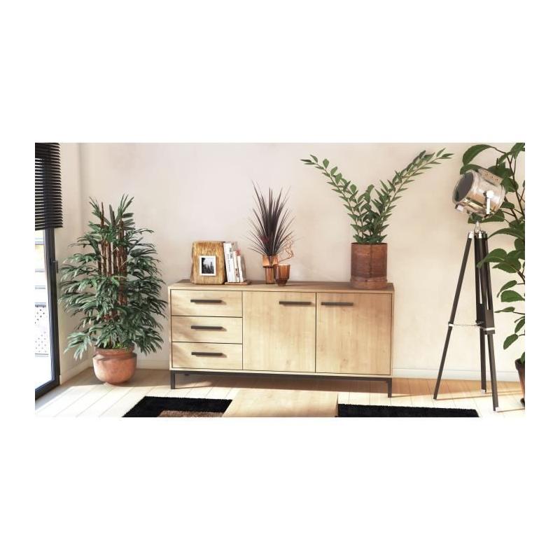 Enfilade 2 portes / 3 tiroirs CRAFT Chene Hamilton / Noir - 152 x 39,5 x 72,3 cm