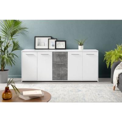 Buffet moderne 4 portes + 3 tiroirs - Blanc/Gris béton - Certification FSC - 179x42x74,5 cm