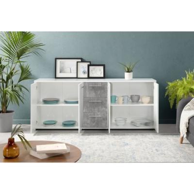 Buffet moderne 4 portes + 3 tiroirs - Blanc/Gris béton - Certification FSC - 179x42x74,5 cm