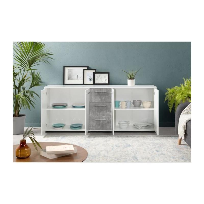 Buffet moderne 4 portes + 3 tiroirs - Blanc/Gris béton - Certification FSC - 179x42x74,5 cm