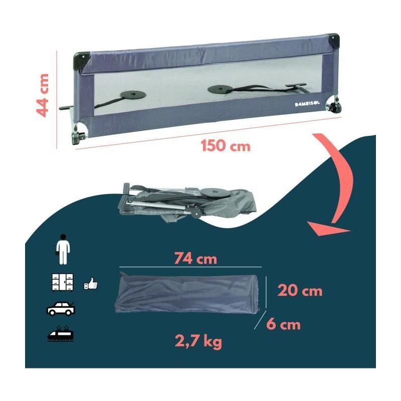 Barriere de lit LOOPING rabattable - Gris 74x18x8 cm