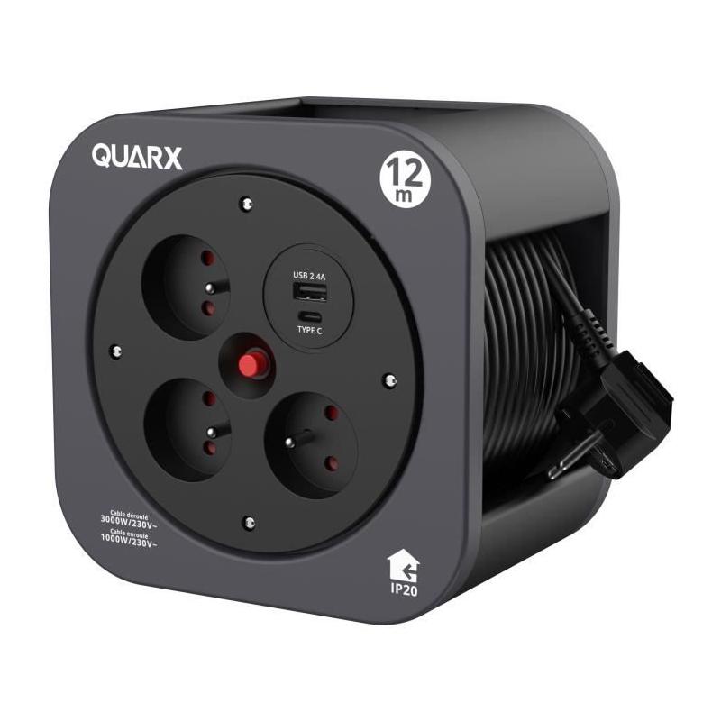 Enrouleur QUARX S-Box: 12m, 3 prises 16A, USB Type A et C