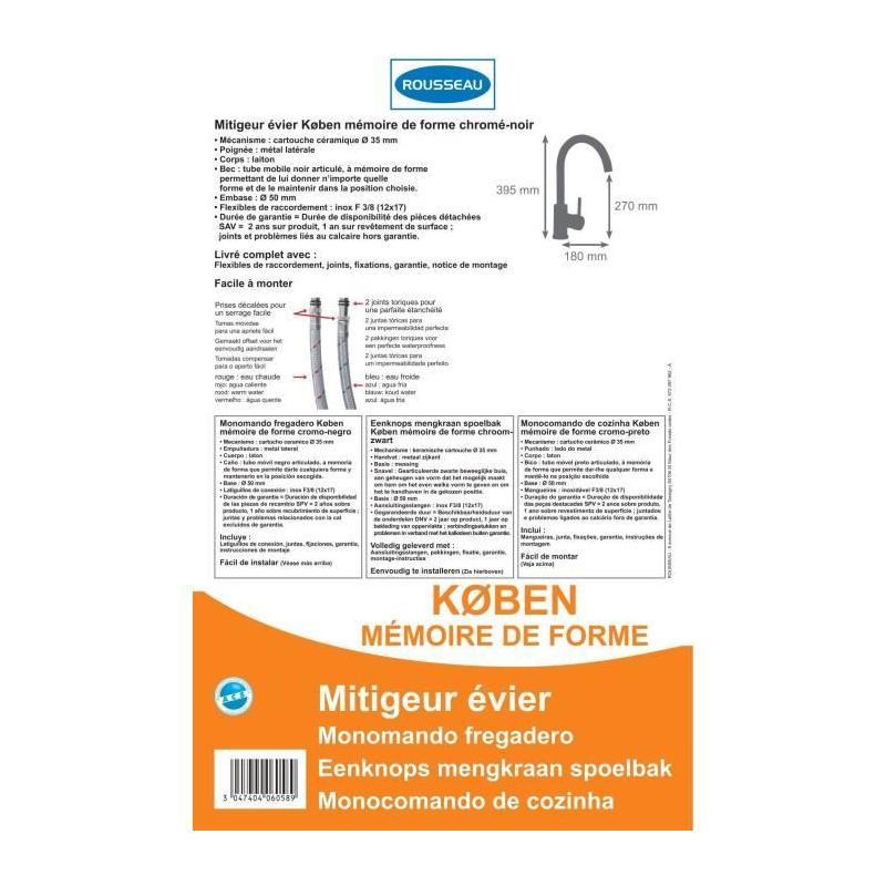 ROUSSEAU Robinet de cuisine Køben - Mémoire de forme - Gris et noir