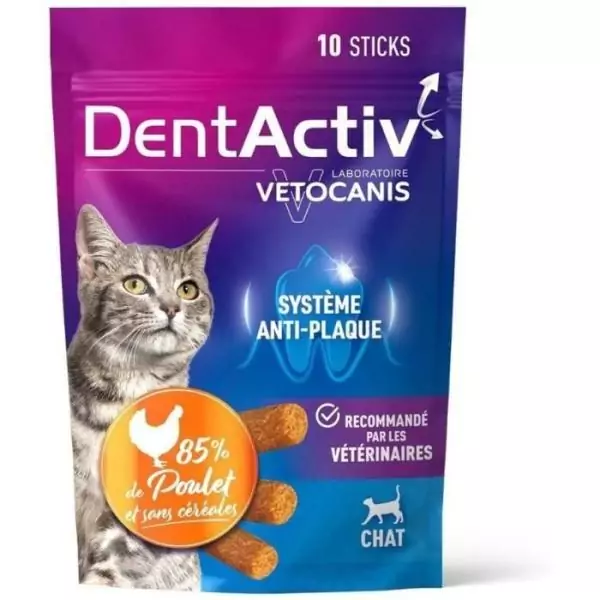 DentActiv - 10 Bâtonnets - VETOCANIS - Hygiene Bucco-Dentaire au Poulet pour Chat