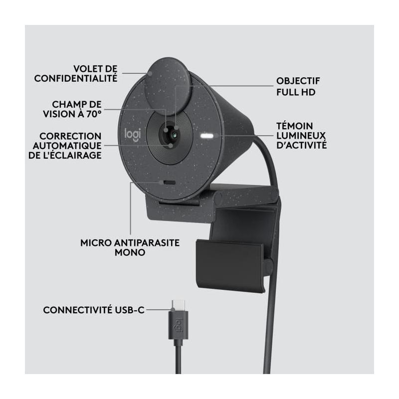 Webcam Full HD 1080p Logitech Brio 300 - Microphone intégré - Réduction de bruit
