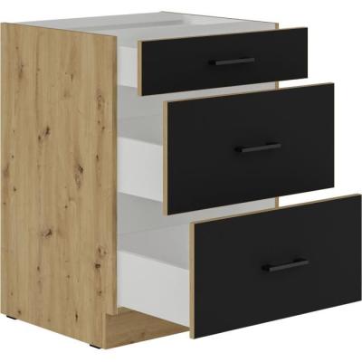 Meuble bas casserolier MODENA - 3 tiroirs - Chene artisan / Noir mat