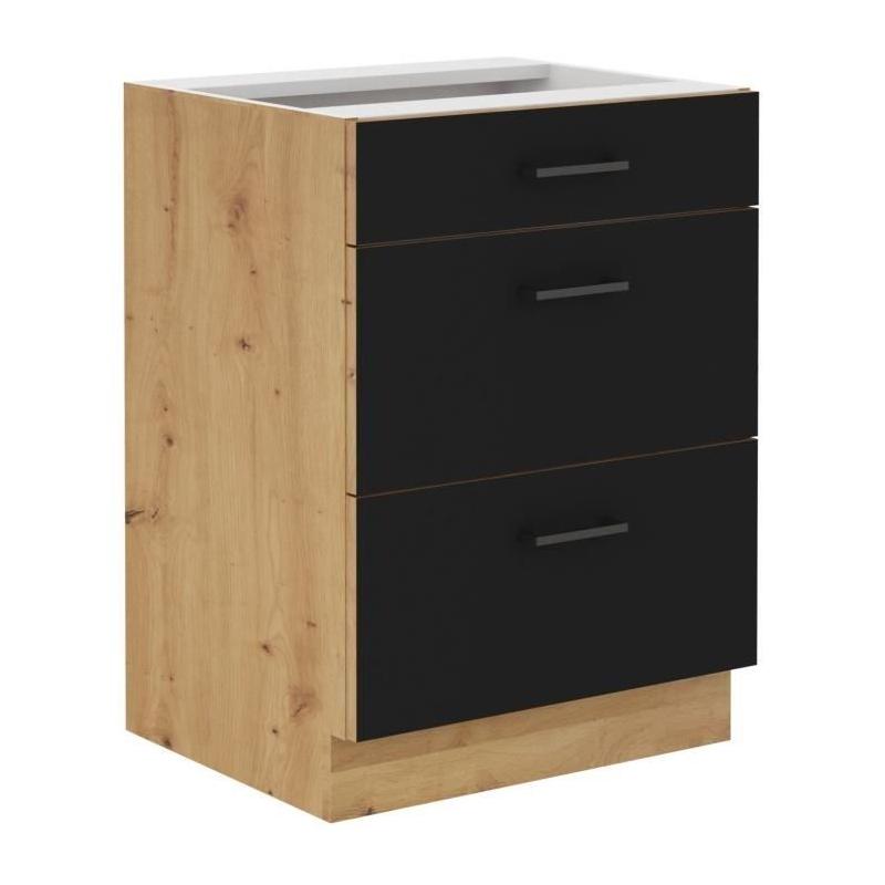 Meuble bas casserolier MODENA - 3 tiroirs - Chene artisan / Noir mat
