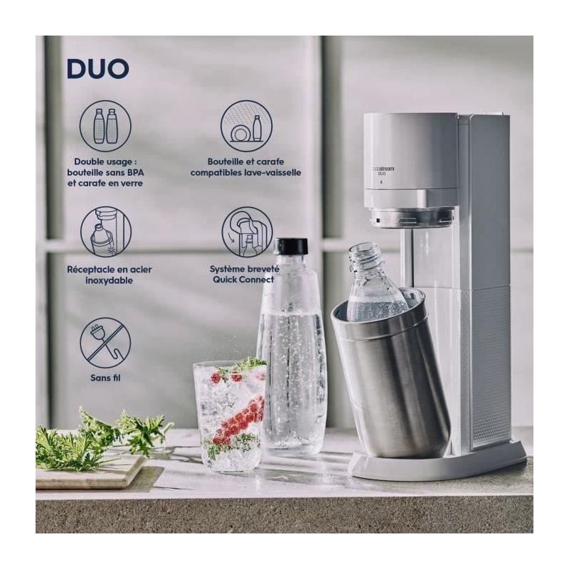 Machine à eau pétillante SODASTREAM - DUO Blanche - 2 carafes en verre - Idéal pour des boissons rafraîchissantes