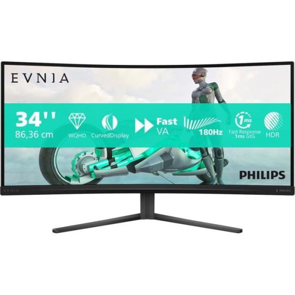 Écran PC - PHILIPS - Evnia 34M2C3500L - 34 WQHD - Dalle incurvée - 180Hz - 0,5ms - HDR - HDMI/DP - Noir