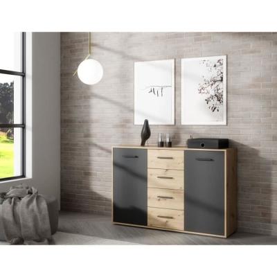 Buffet PILVI contemporain - Chene et noir - 2 portes + 4 tiroirs