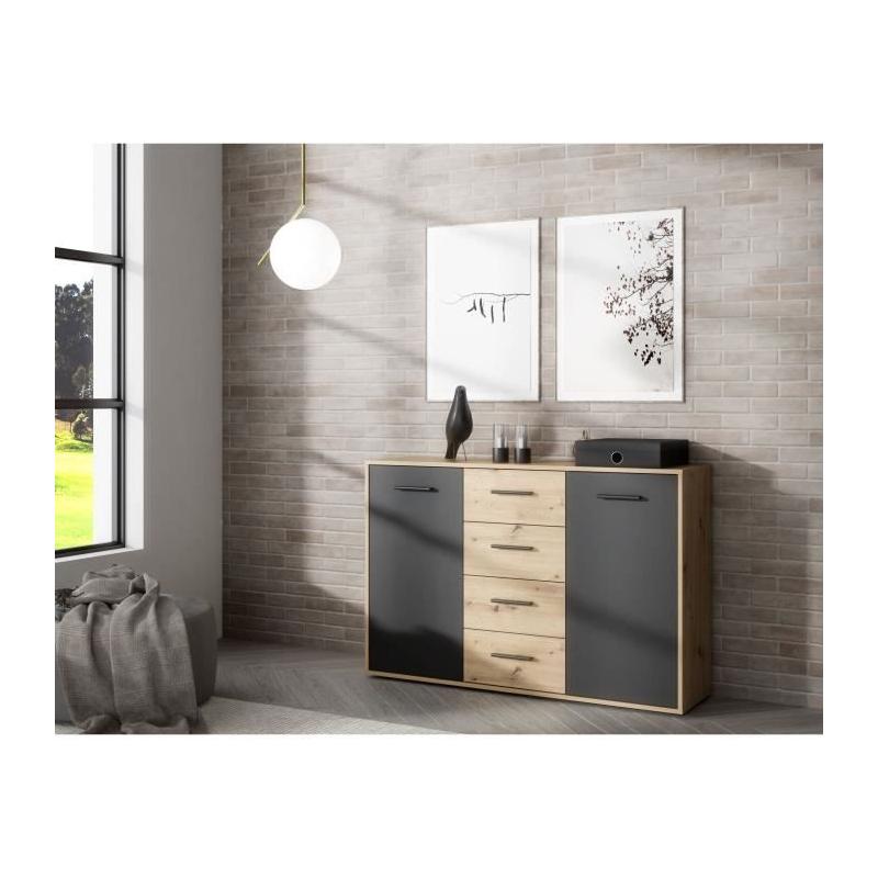Buffet PILVI contemporain - Chene et noir - 2 portes + 4 tiroirs