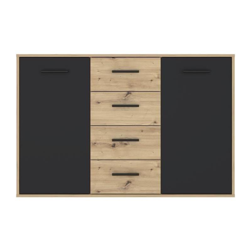 Buffet PILVI contemporain - Chene et noir - 2 portes + 4 tiroirs