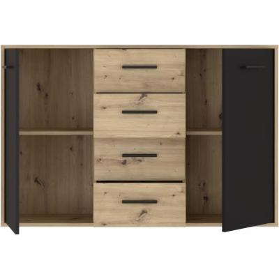 Buffet PILVI contemporain - Chene et noir - 2 portes + 4 tiroirs