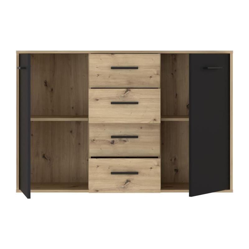 Buffet PILVI contemporain - Chene et noir - 2 portes + 4 tiroirs