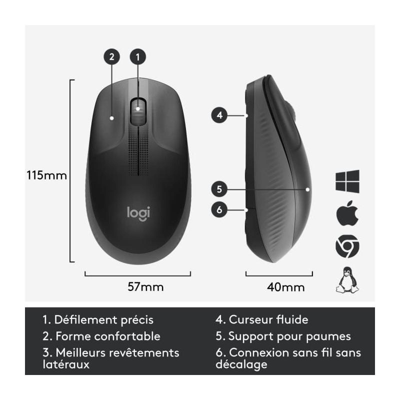 Souris sans fil ergonomique Logitech M190 Noir - Dimensions compactes