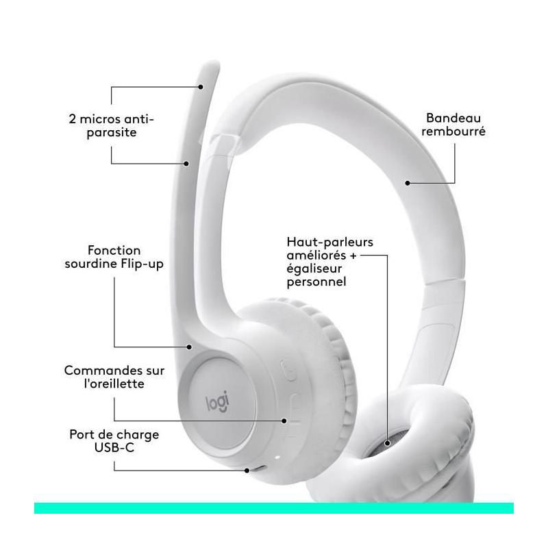 Casque PC Logitech Zone 300 Bluetooth - Microphone anti-parasite - Blanc