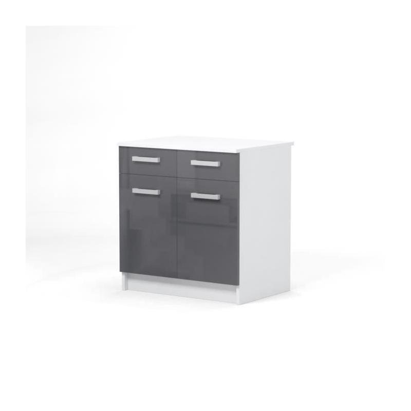 Caisson bas cuisine 80 cm avec plan de travail - Gris Brillant