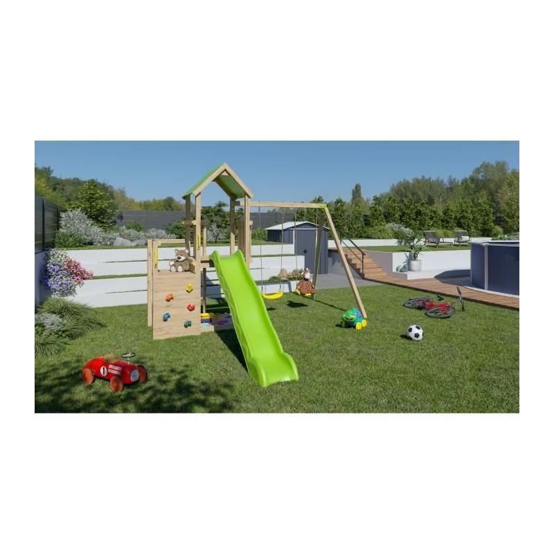 Aire de jeux en bois 2,20 m ULTRA XPERIENCE - TRIGANO JARDIN - Mur d'escalade toboggan et balançoires